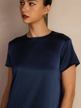 [Dark Blue] SilkSilky Short Sleeve Round Neck Dress 004