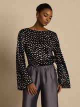 [Polka Dot] SilkSilky  19Momme Silk Long Sleeve Boat Neck Blouse 004