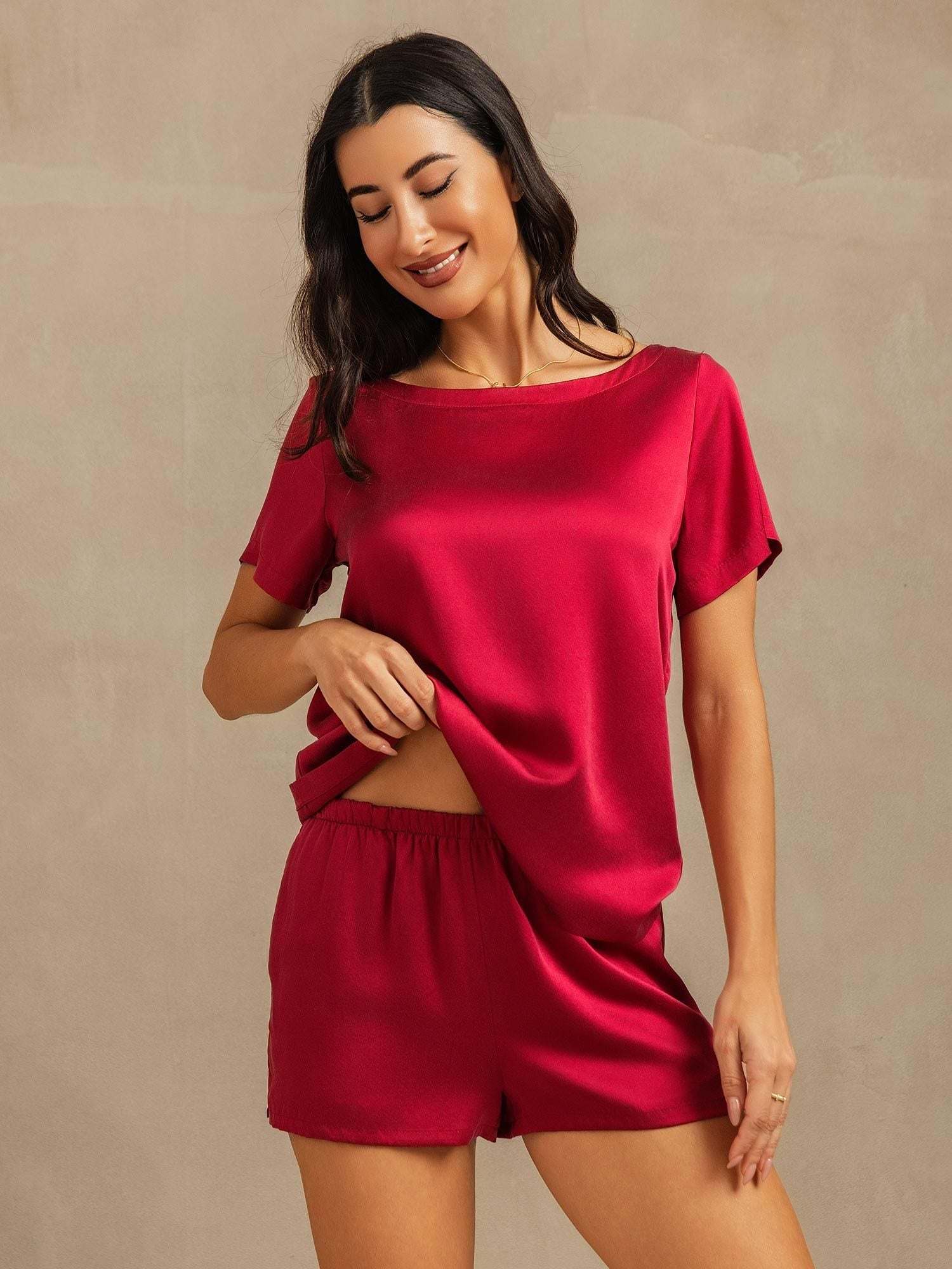 [Wine] SilkSilky 19Momme Silk Round Neck Women's Pajamas 008