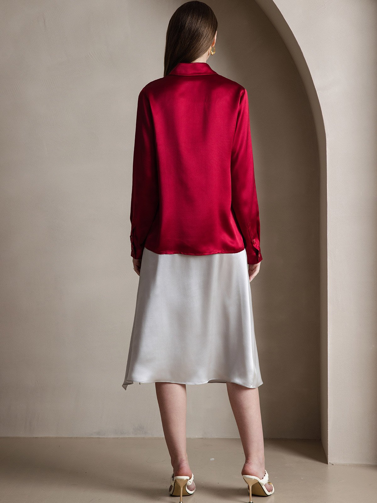 [Wine] SilkSilky  19Momme Silk Long Sleeve Lapel Collar Women's Shirt 002