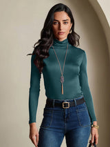 [Dark Green] SilkSilky  Silk Jersey Long Sleeve Turtle Neck Women's T-Shirt 001