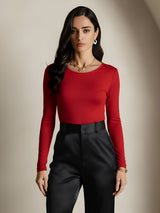 [Wine] SilkSilky  Silk Jersey Long Sleeve Round Neck Women's T-Shirt 003