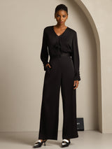 Beige 19 momme silk V-neck blouse with long sleeves, pleated front and 3D rose detail