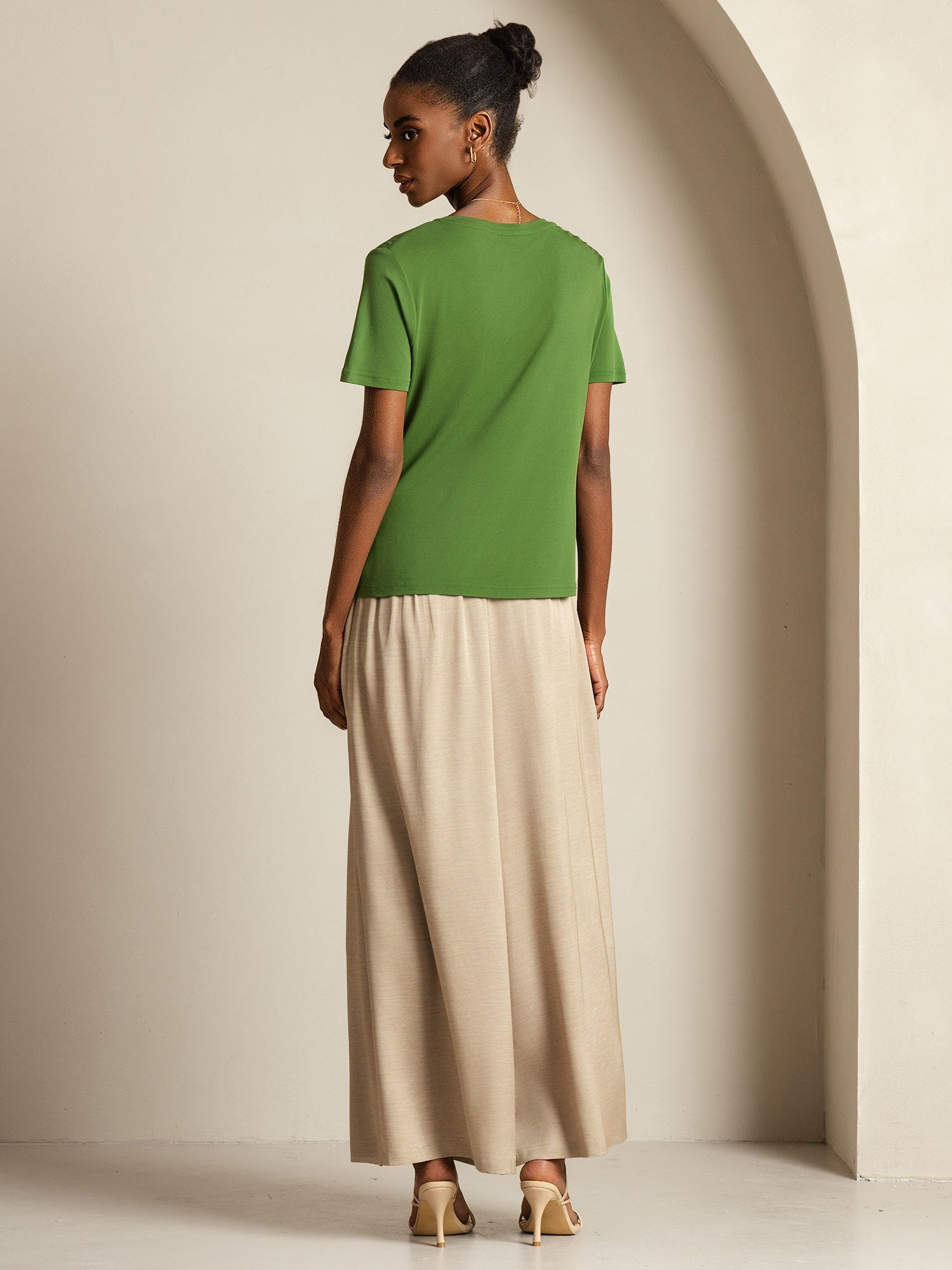 [Green] SilkSilky Pure Silk V Neck Women's T-Shirt 002