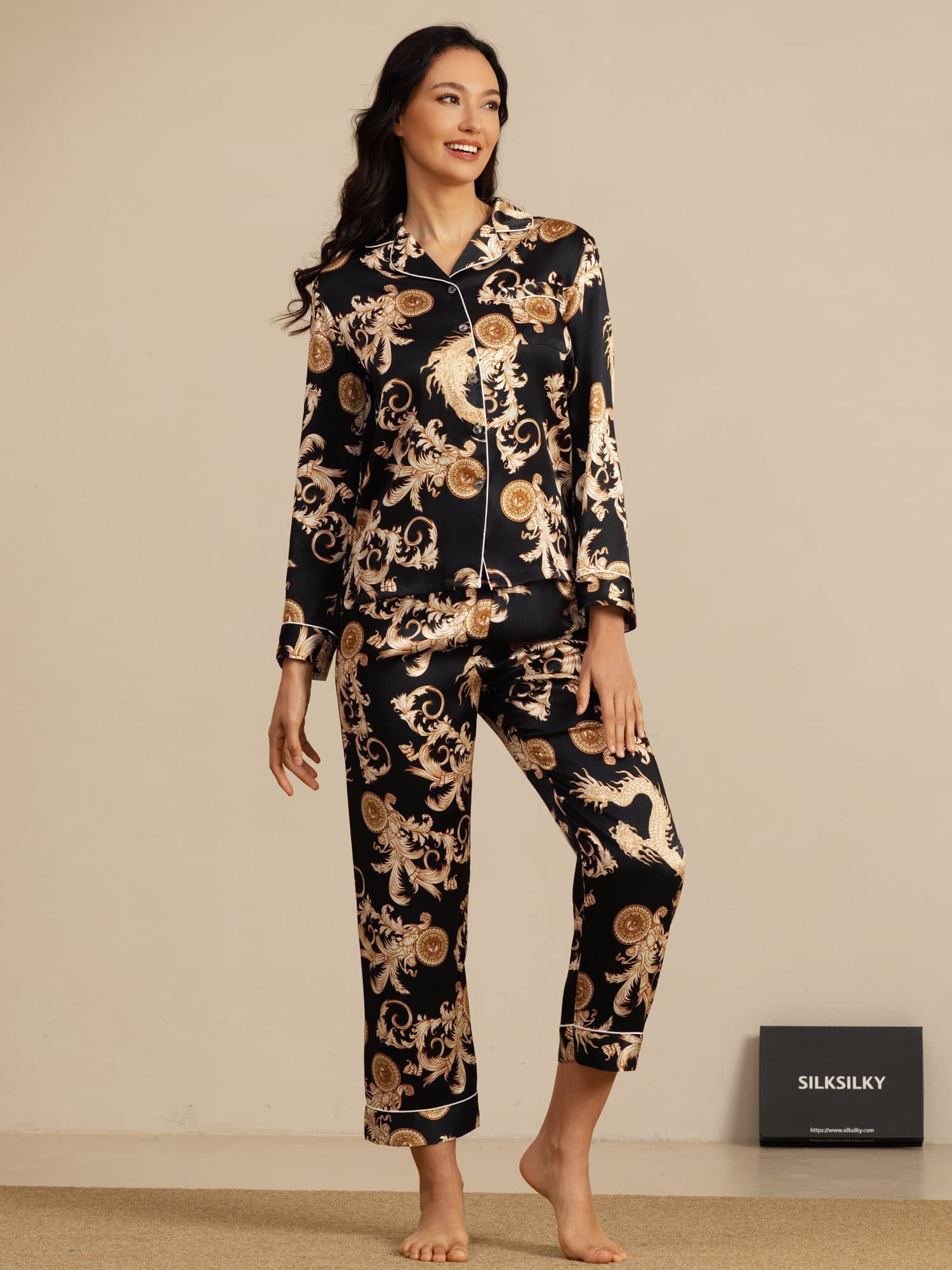 [Black Dragon] SilkSilky  Long Sleeve Notch Collar Women's Pajamas 001