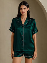 [Dark Green] SilkSilky  Short Sleeve Lapel Collar Women's Pajamas 001