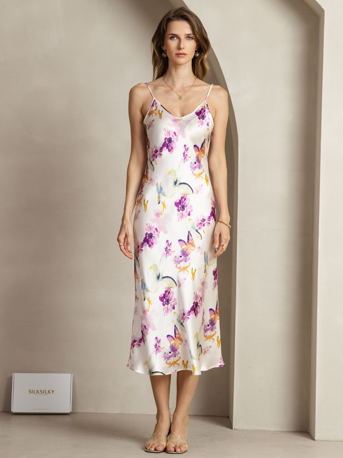 [Watercolor Floral] SilkSilky  19Momme Silk V Neck Dress 001