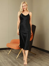 [Black] SilkSilky  Spaghetti Strap V Neck Nightgown 006