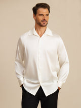 [White] SilkSilky 19Momme Stretch Silk Charmeuse Long Sleeve Lapel Collar Men's Shirt 003