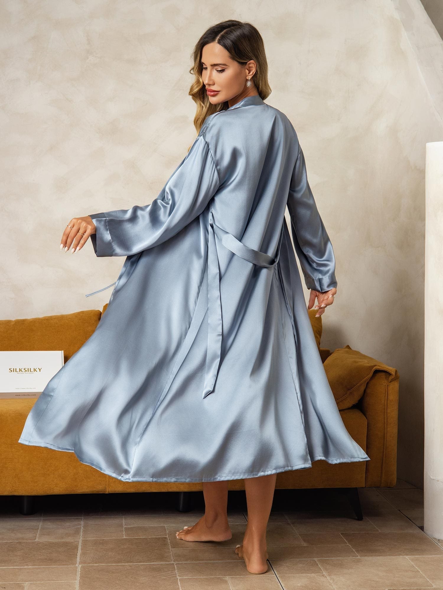 [Grayish Blue] SilkSilky  Pure Silk Wrap Nightgown&Robe Set 003