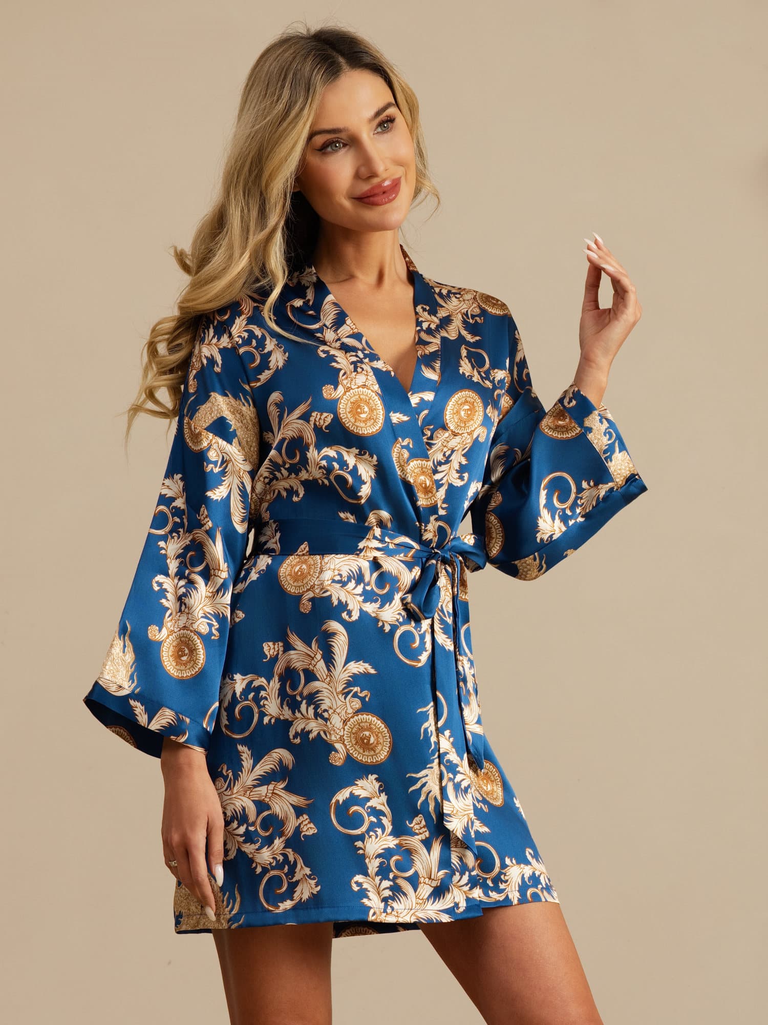 [Navy Dragon] SilkSilky  3/4 Sleeve V Neck Women's Robe 007