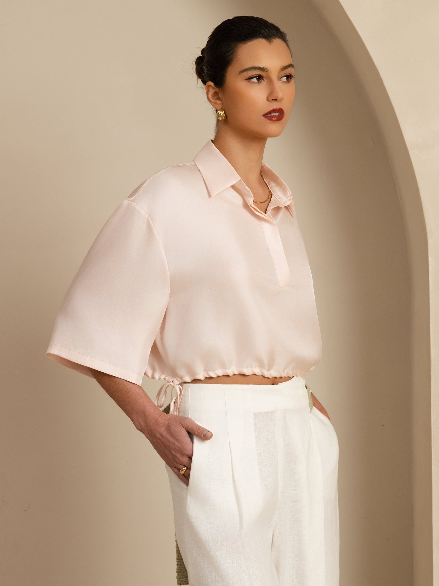 [Pink] SilkSilky  18Momme Silk Satin Surah Half Sleeve Lapel Collar Blouse 004