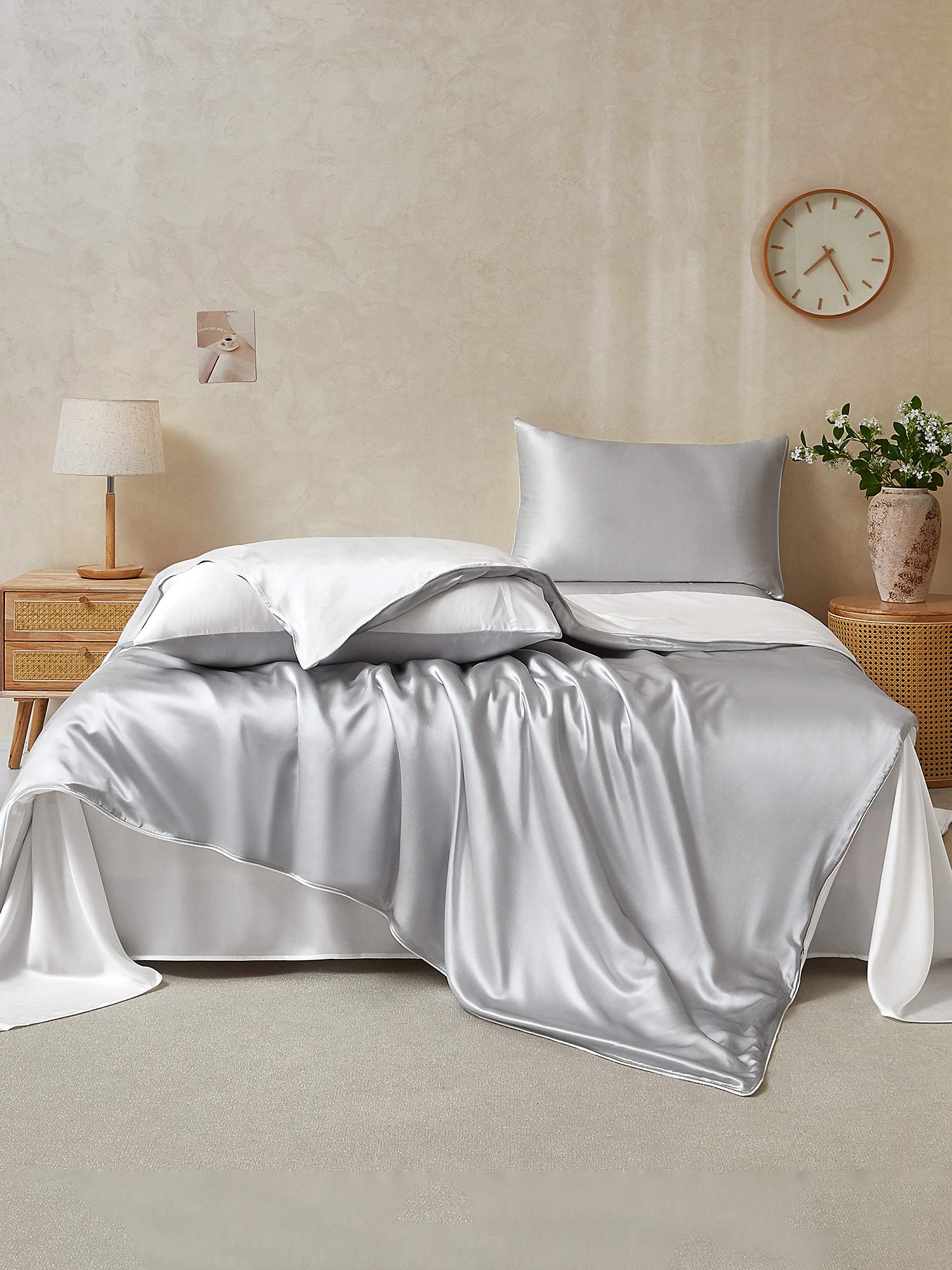 [LightGray+White] SilkSilky  19Momme Pure Silk Bedding Set 002,