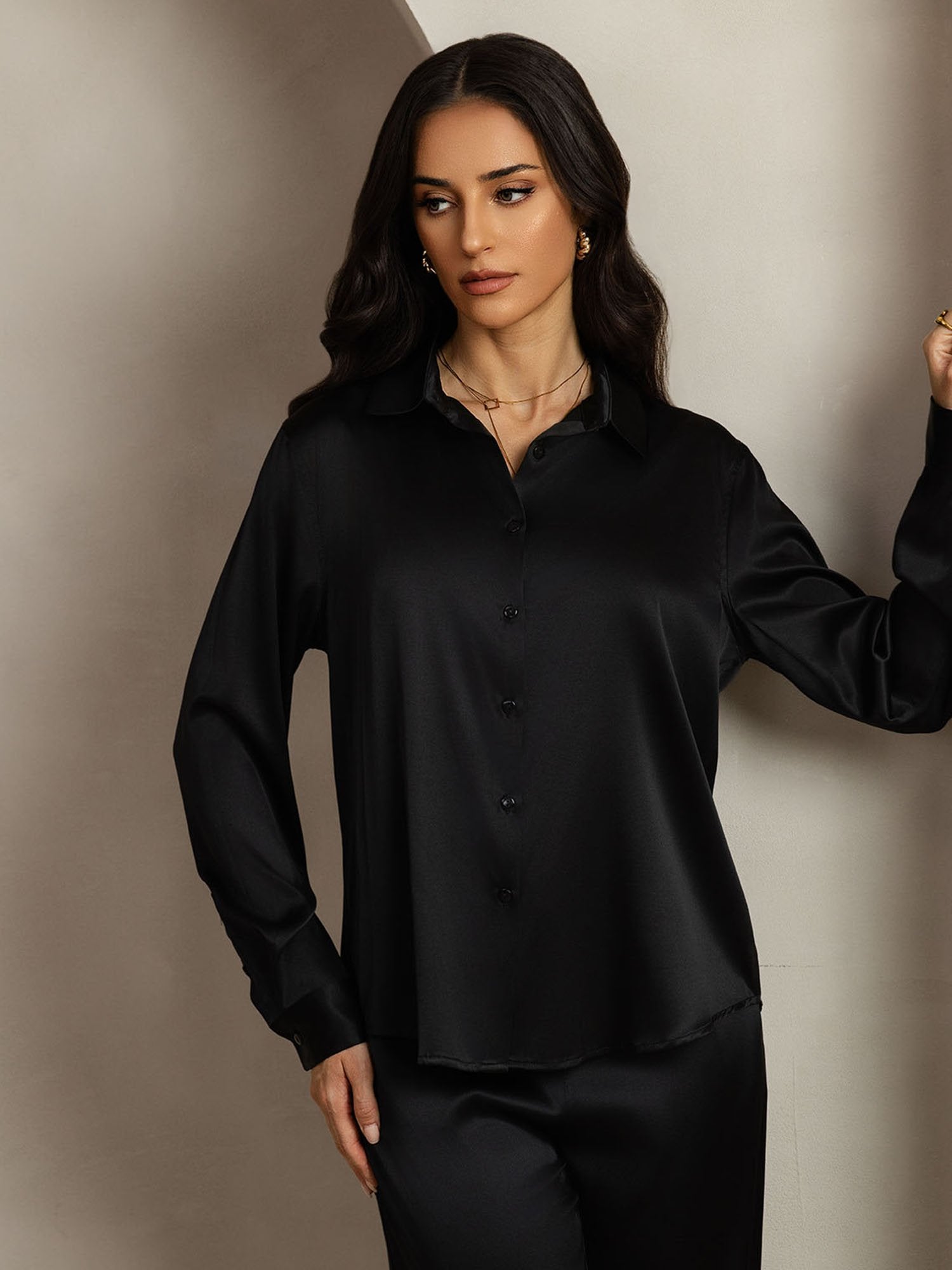 [Black] SilkSilky 19Momme Silk Lapel Collar Women''s Outfit Sets 005