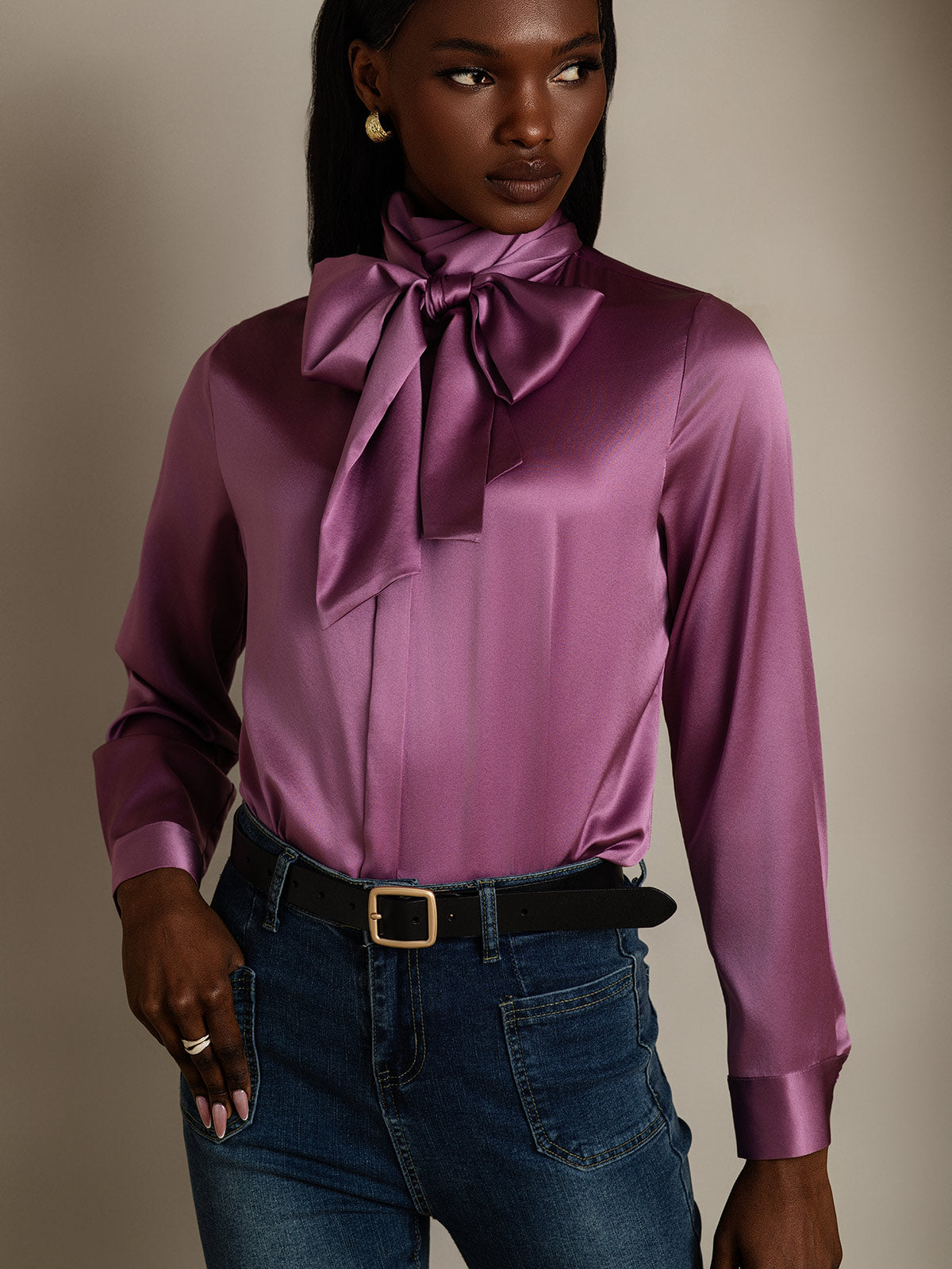 SilkSilky  19Momme Silk Blend Long Sleeve Tie Neck Women's Shirt DeepPurple 003