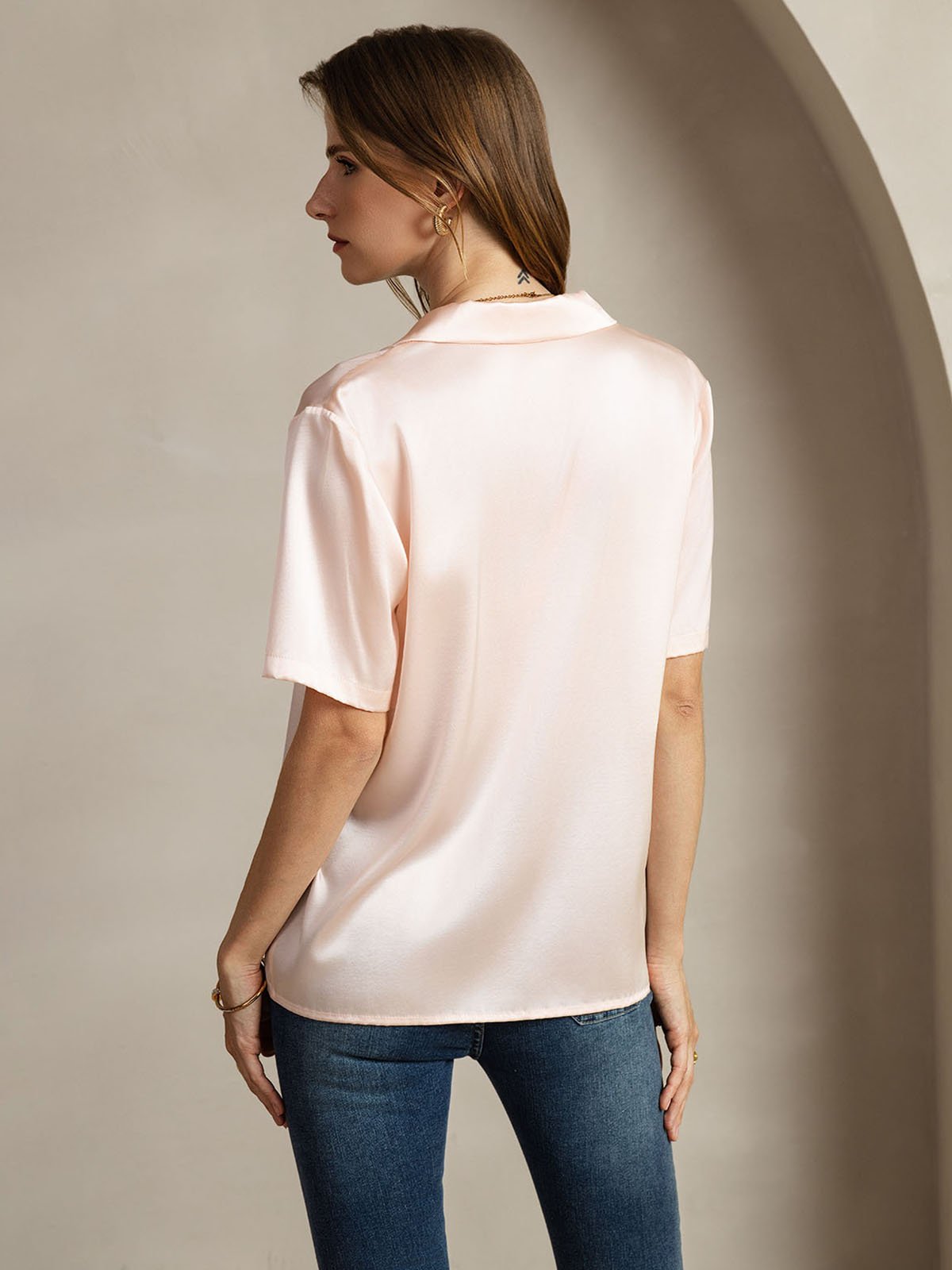 [Pink] SilkSilky 19Momme Silk Notched Neck Women's Shirt 002