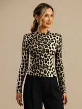 Wild animal print long sleeve mock neck top in 100% silk jersey, slim fit