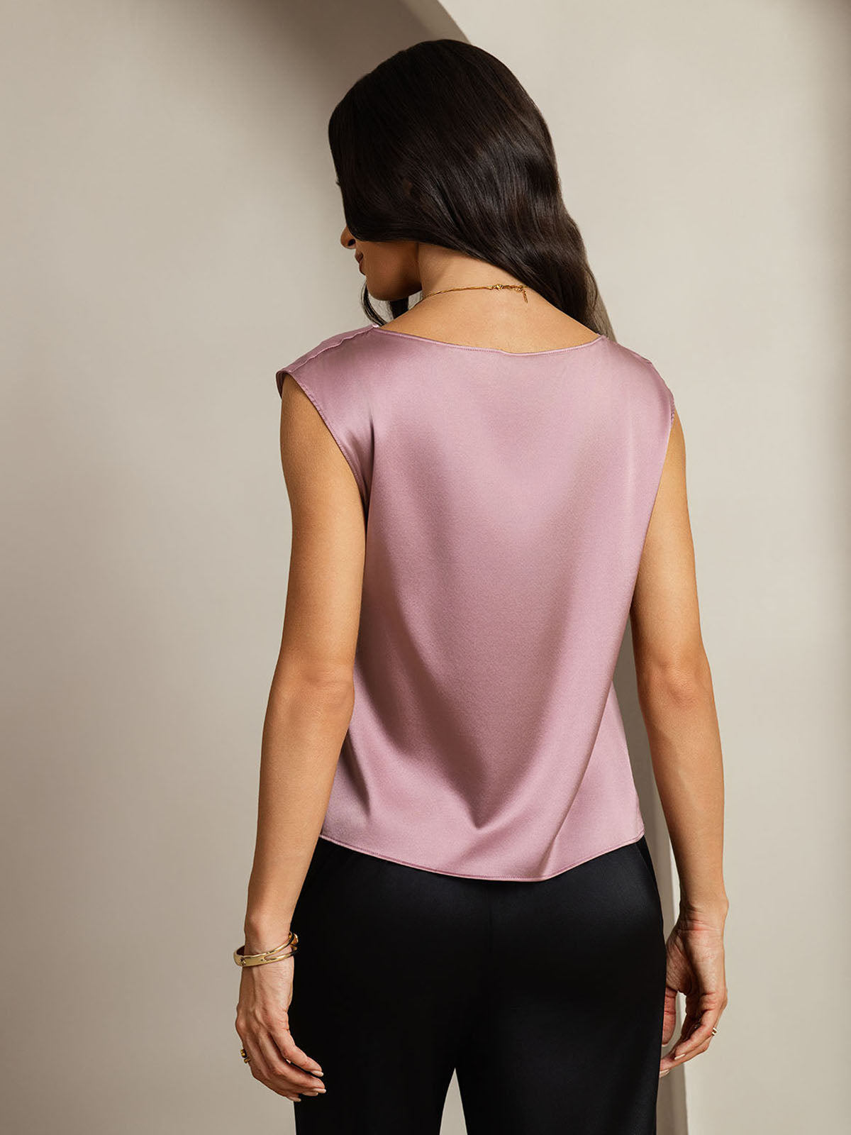 [Pale Mauve] SilkSilky  19Momme Silk Cowl Neck Women's T-Shirt 002