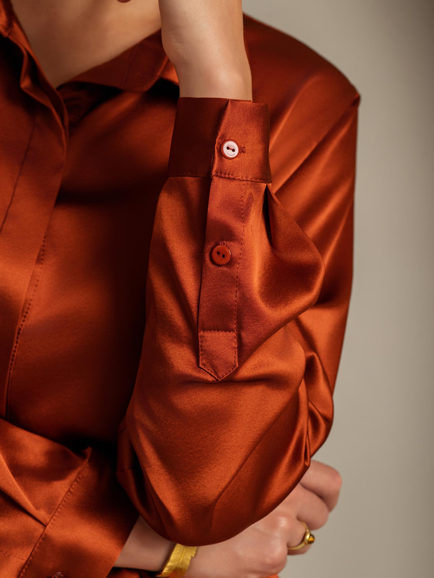 [Caramel] SilkSilky  19Momme Silk Long Sleeve Lapel Collar Women's Shirt 007