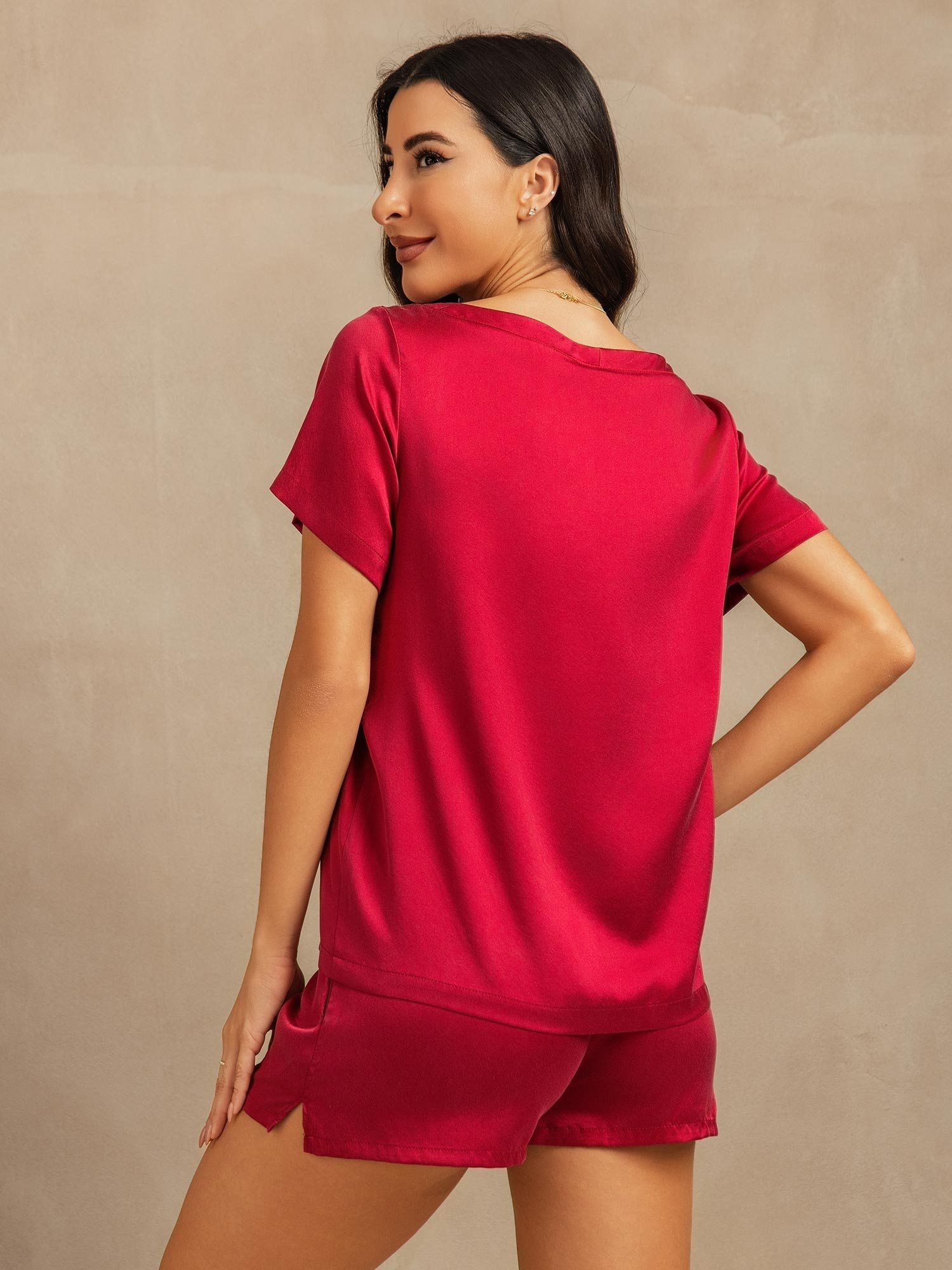 [Wine] SilkSilky 19Momme Silk Round Neck Women's Pajamas 002