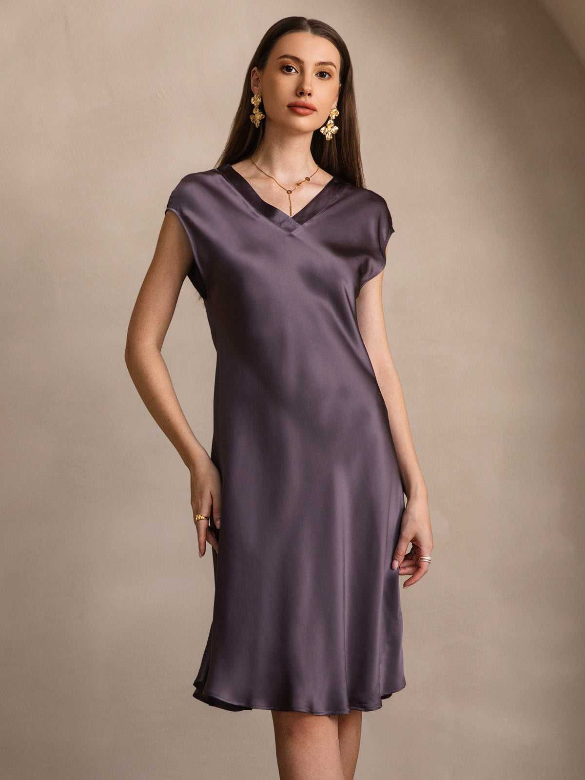 SilkSilky  Pure Silk Sleeveless V Neck Nightgown PurpleGray 004