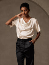 [Beige] SilkSilky  Short Sleeve Cowl Neck Women's Blouse 004