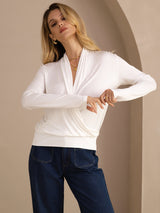 [White] SilkSilky  Long Sleeve Wrap Women's Blouse 003
