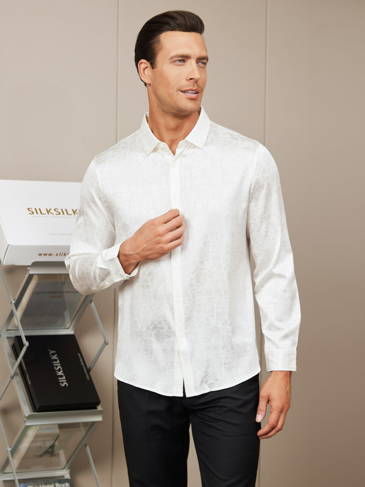 SilkSilky US Silk Blend Long Sleeve Collar Men's Shirt White 005