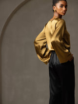 [Brown] SilkSilky  19Momme Stretch Silk Charmeuse Long Sleeve Boat Neck Blouse 006