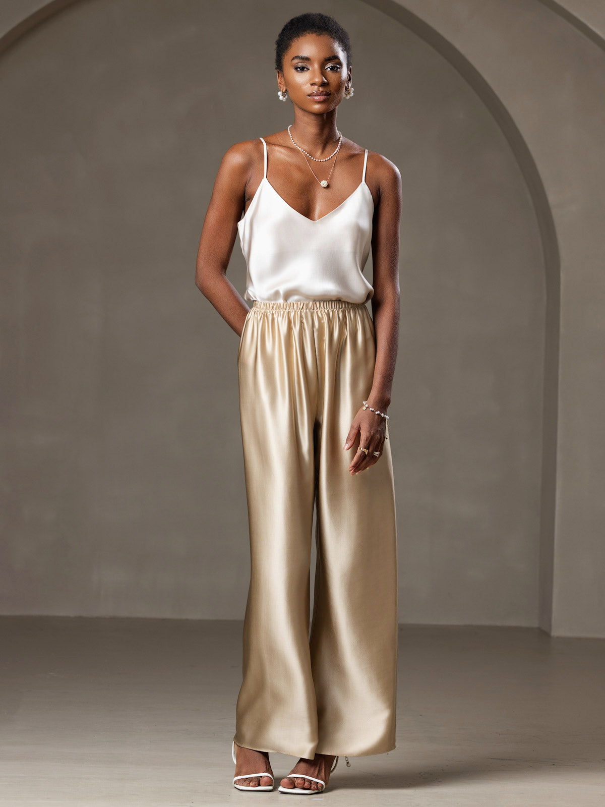 [Beige] SilkSilky  Pure Silk V Neck Camisole Top 007