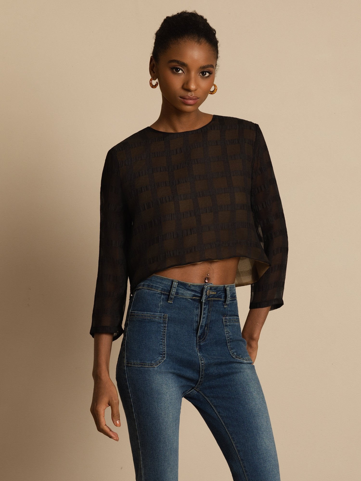 [Black] SilkSilky Pure Silk Long Sleeve Round Neck Blouse 001