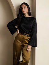 [Black] SilkSilky  19Momme Stretch Silk Charmeuse Long Sleeve Boat Neck Blouse 006