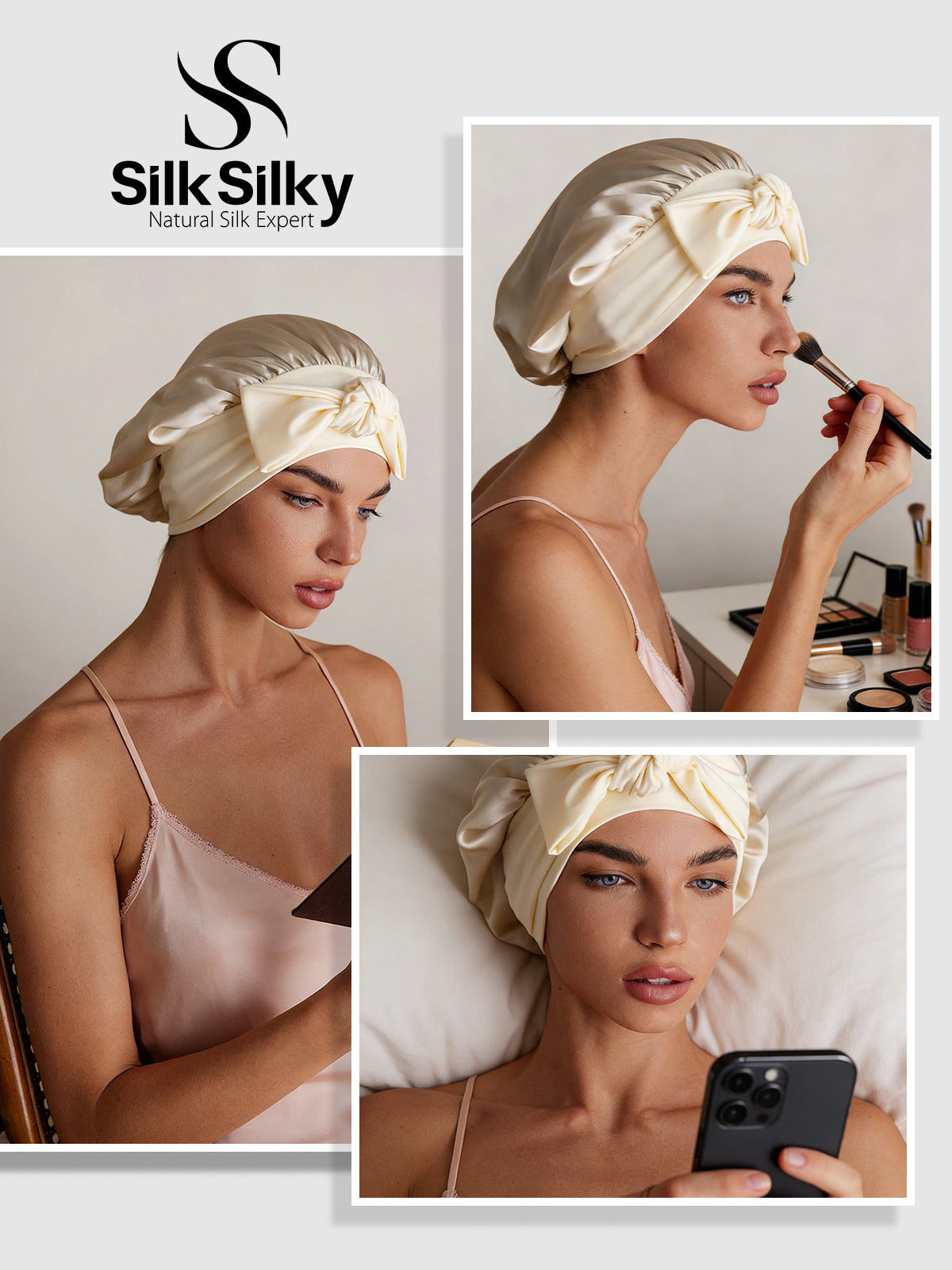 [Beige] SilkSilky  Pure Silk Sleep Cap 005