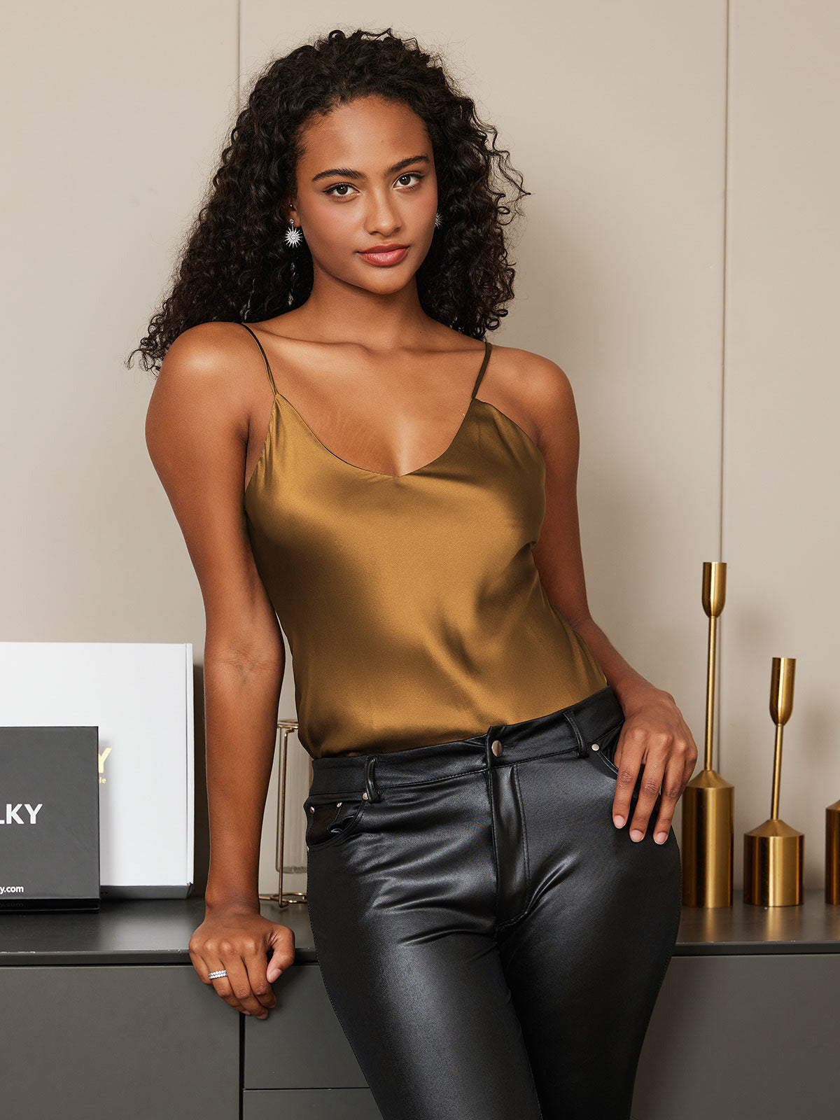 [Coffee] SilkSilky  Pure Silk V Neck Camisole Top 003