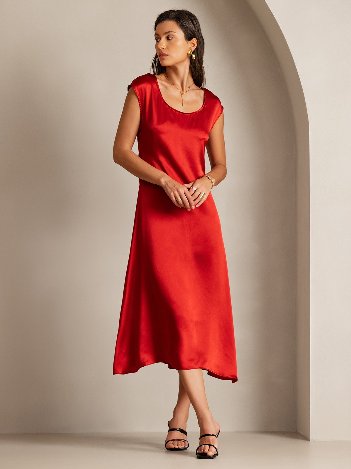 SilkSilky 19Momme Silk Cap Sleeve Round Neck Midi Dress, Wine / S(6)