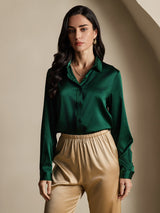 [Dark Green] SilkSilky  19Momme Stretch Silk Charmeuse Long Sleeve Lapel Collar Women's Shirt 006