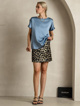 [Grayish Blue] SilkSilky  19Momme Stretch Silk Charmeuse Short Sleeve Boat Neck Women's T-Shirt 007