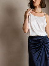 [White] SilkSilky  19Momme Stretch Silk Charmeuse Spaghetti Strap Scoop Neck Camisole Top 008