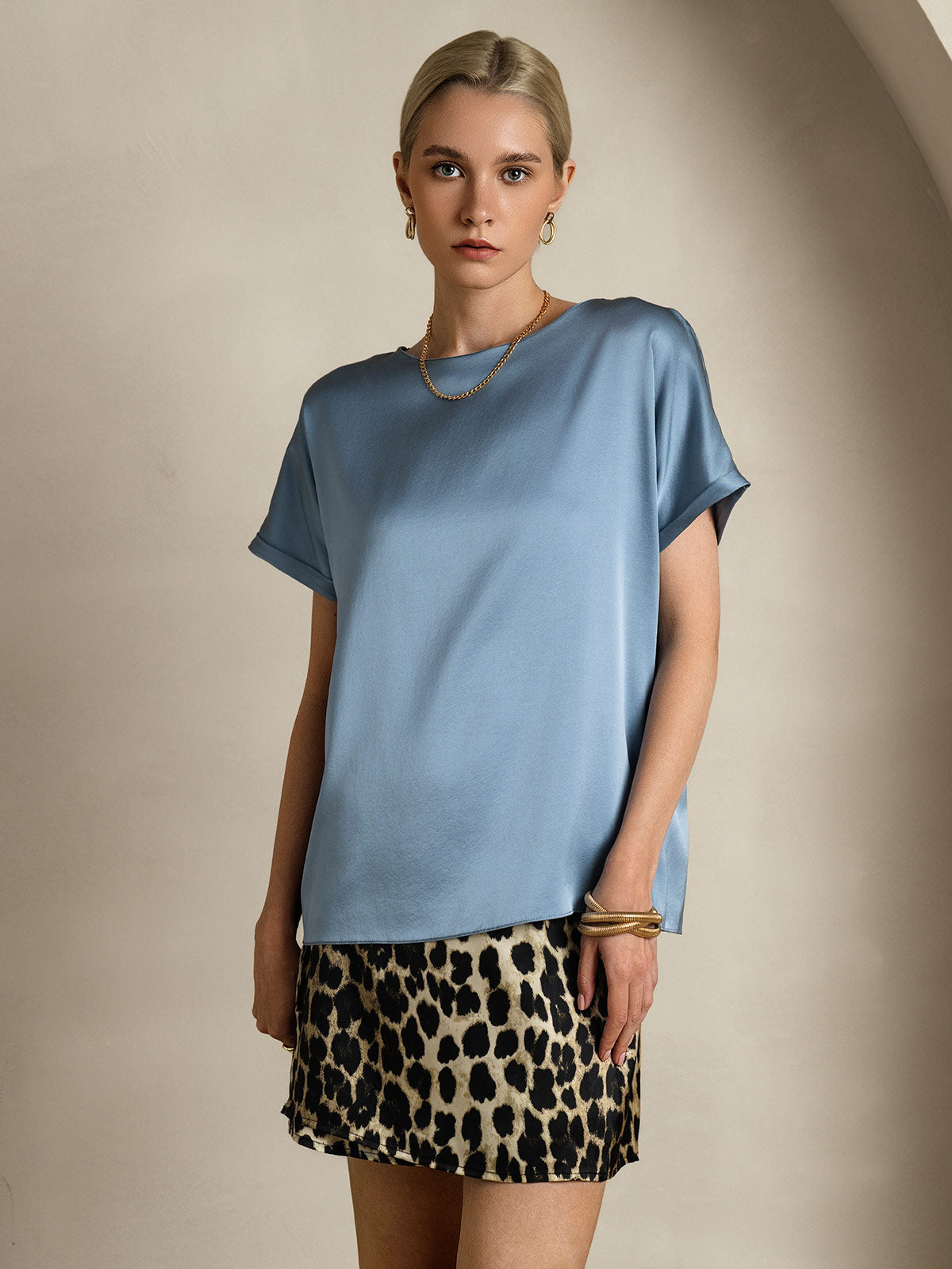 [Grayish Blue] SilkSilky  19Momme Silk Round Neck Women's T-Shirt 003