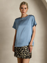 [Grayish Blue] SilkSilky  19Momme Stretch Silk Charmeuse Short Sleeve Boat Neck Women's T-Shirt 003