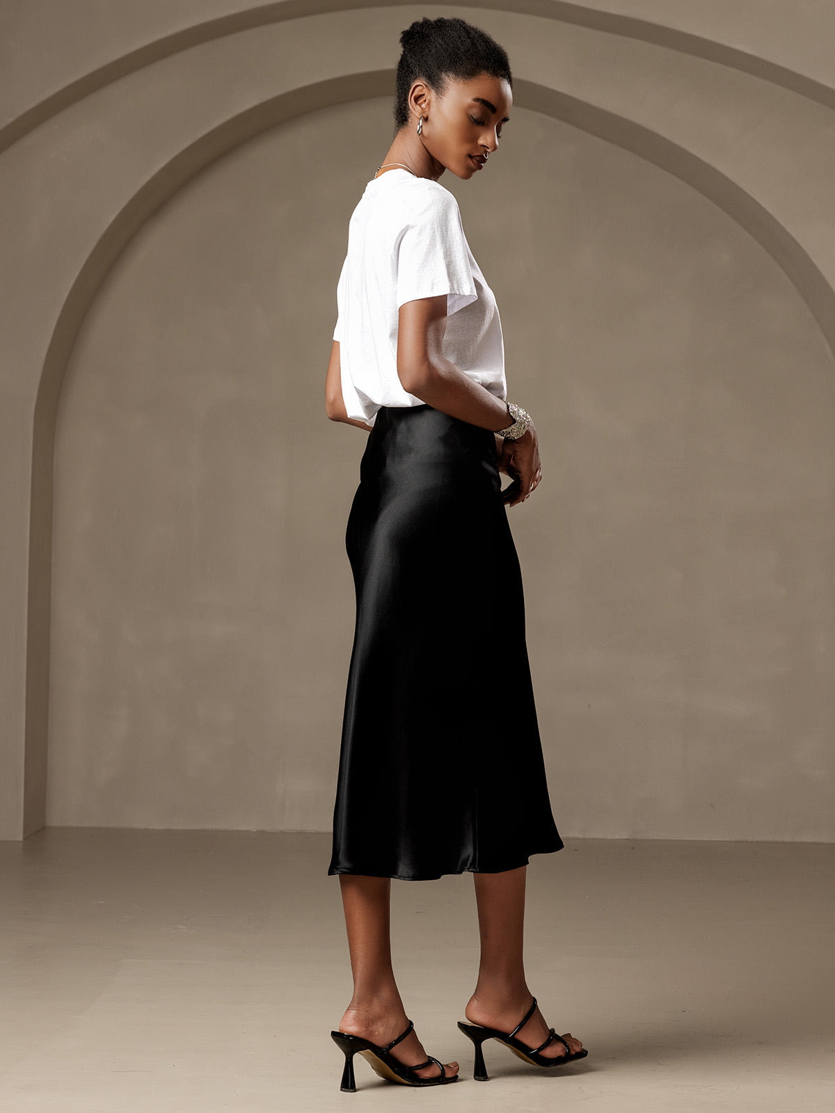 [Black] SilkSilky  19Momme Pure Silk Skirt 002
