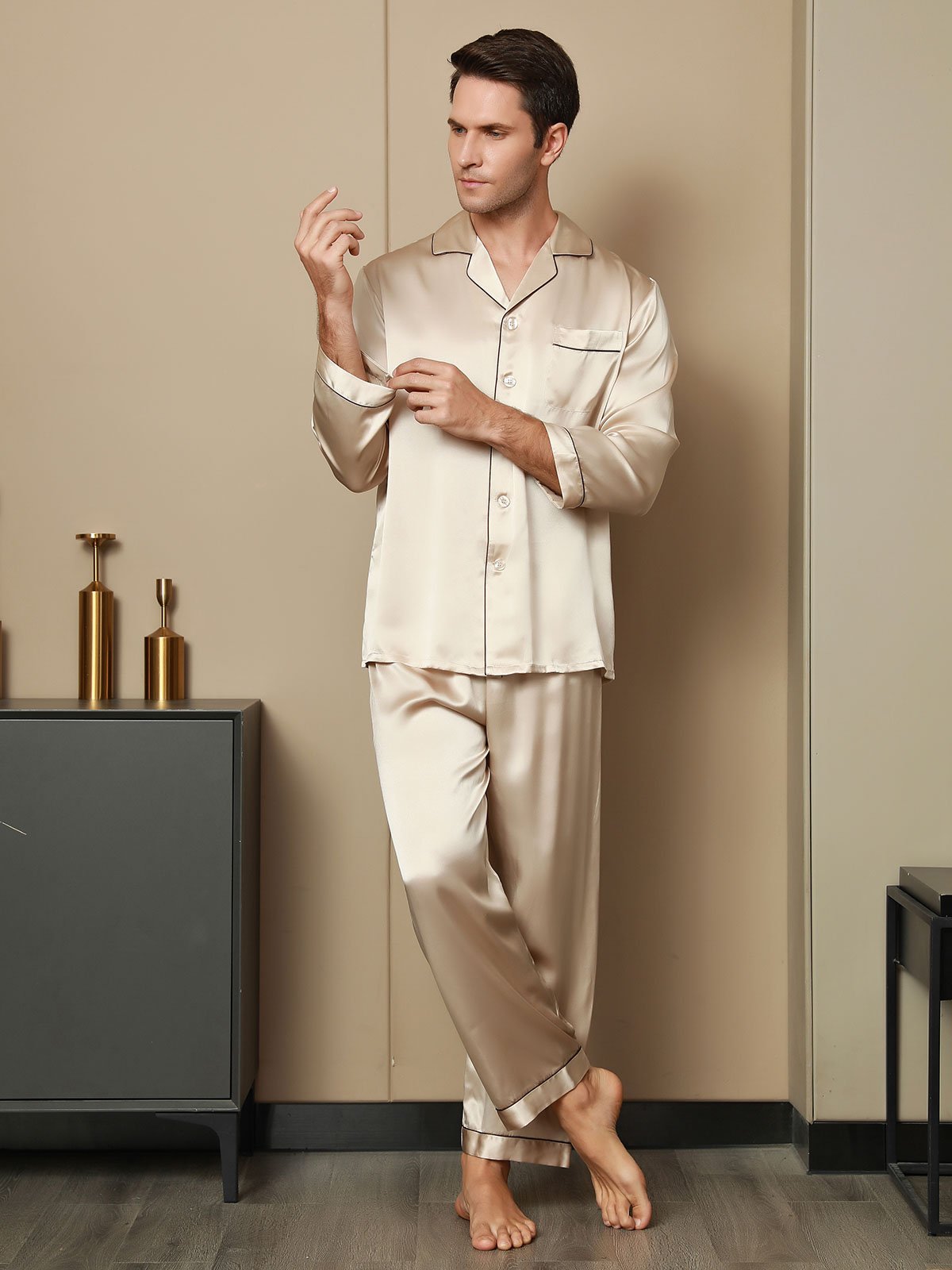 SilkSilky US Pure Silk Long Sleeve Lapel Men's Pajamas Tan 006