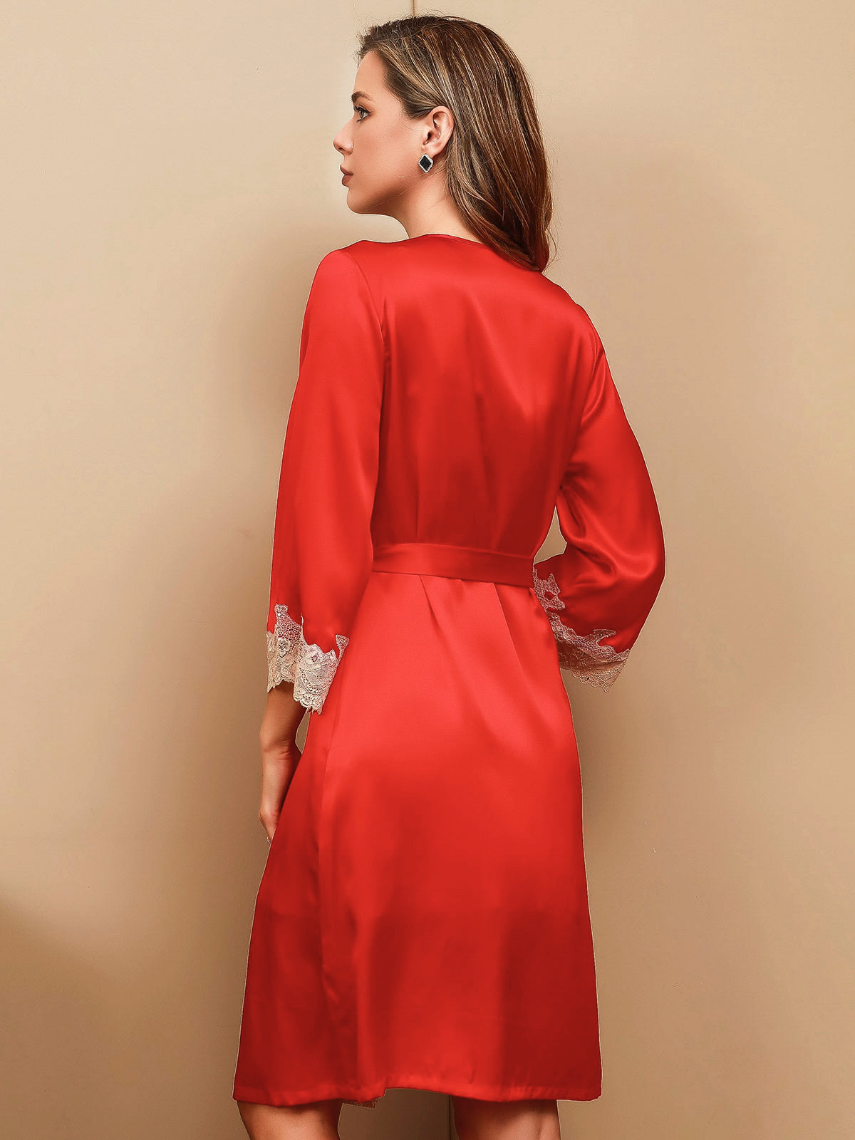 SilkSilky  Pure Silk 3/4 Sleeve Nightgown&Robe Set Red 005