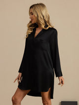 [Black] SilkSilky  Long Sleeve Notch Collar Nightshirt 006