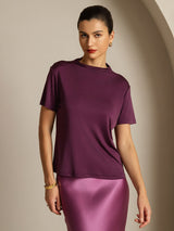 [Purple] SilkSilky  100% Silk Jersey Short Sleeve Mock Neck Women's T-Shirt 005