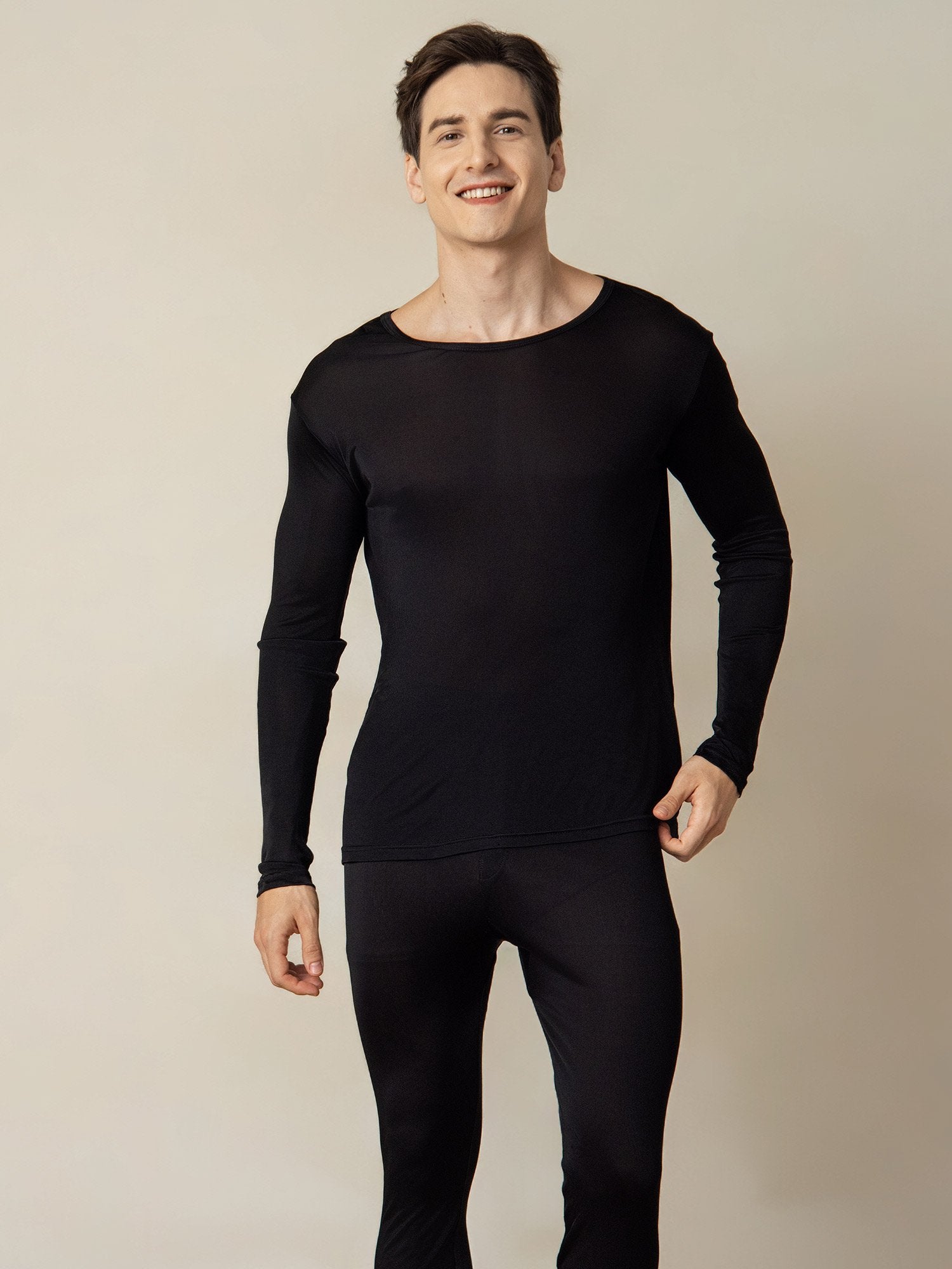 [Black] SilkSilky Silk Round Neck Men's Pajamas 004