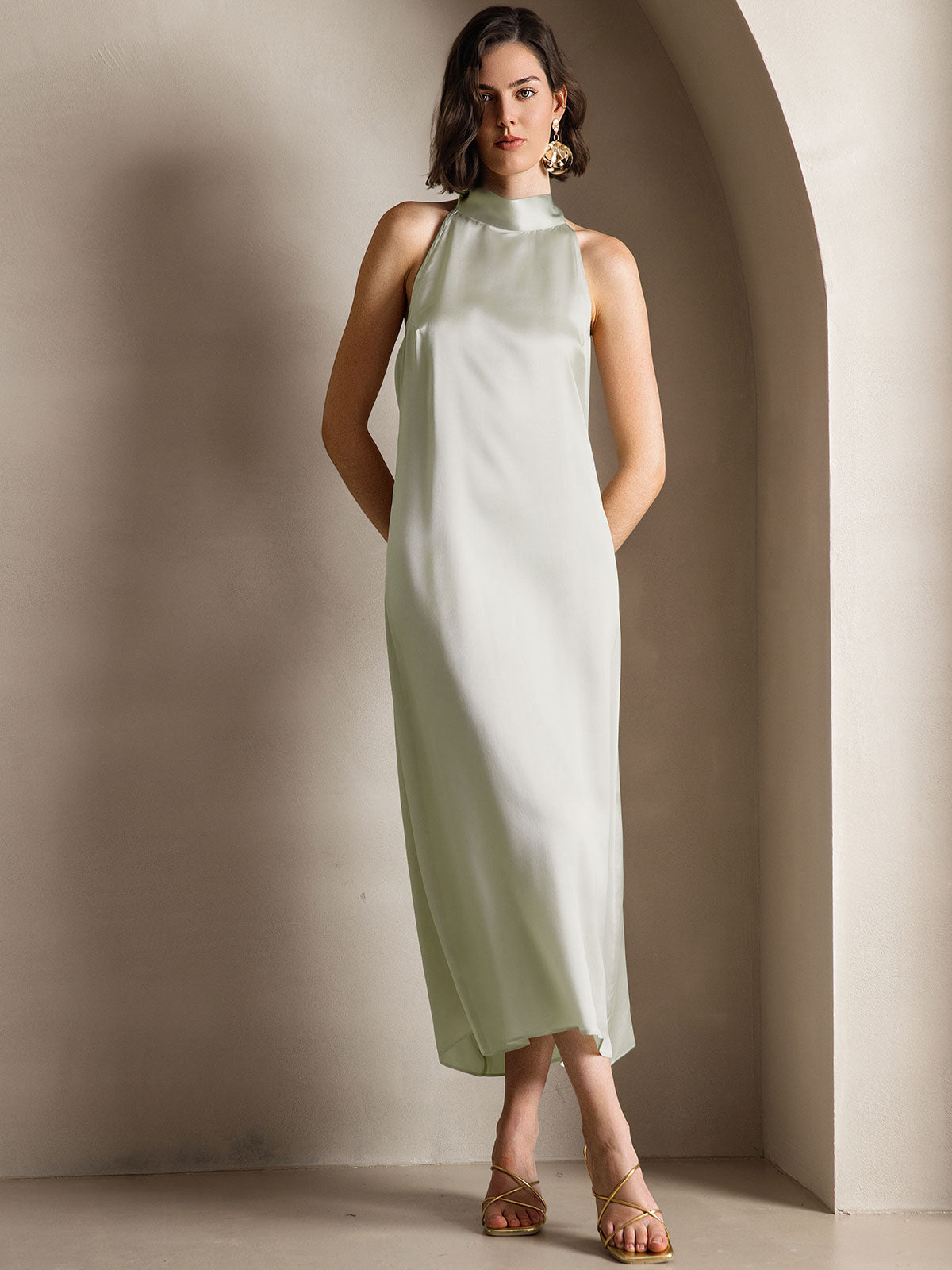 SilkSilky US 19Momme Silk Blend Sleeveless Dress LightGreen 003