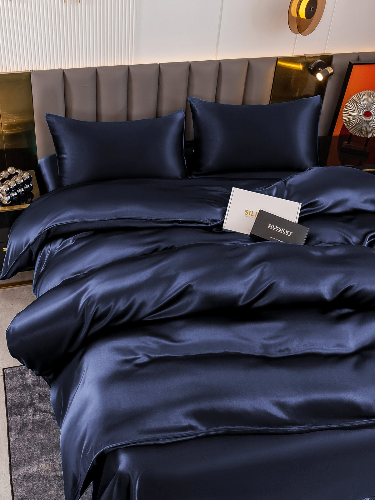 SilkSilky US 19Momme Pure Silk Bedding Set DarkBlue 004