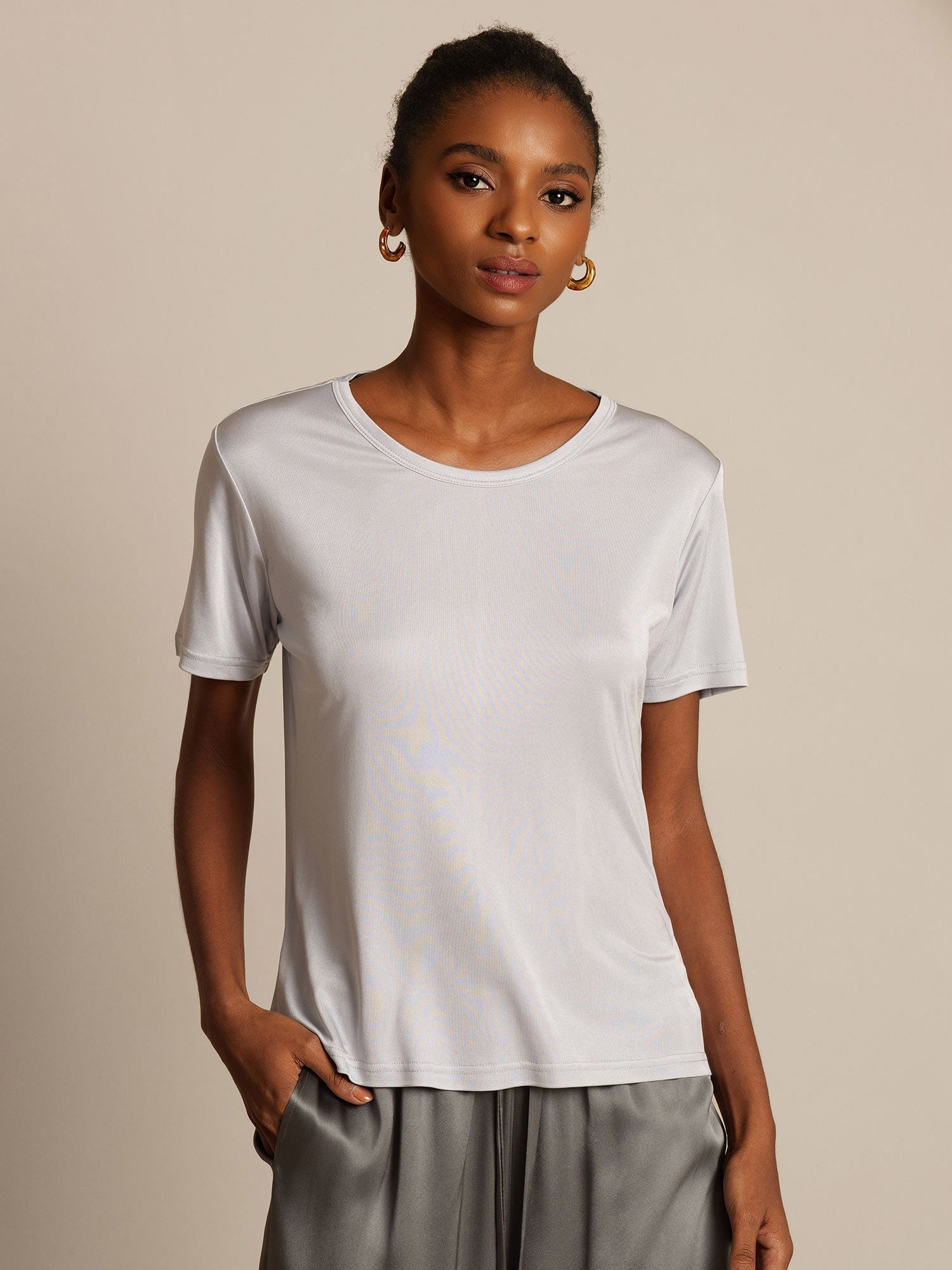 [Silver] SilkSilky  Silk Knitted Round Neck Women's T-Shirt 005,
