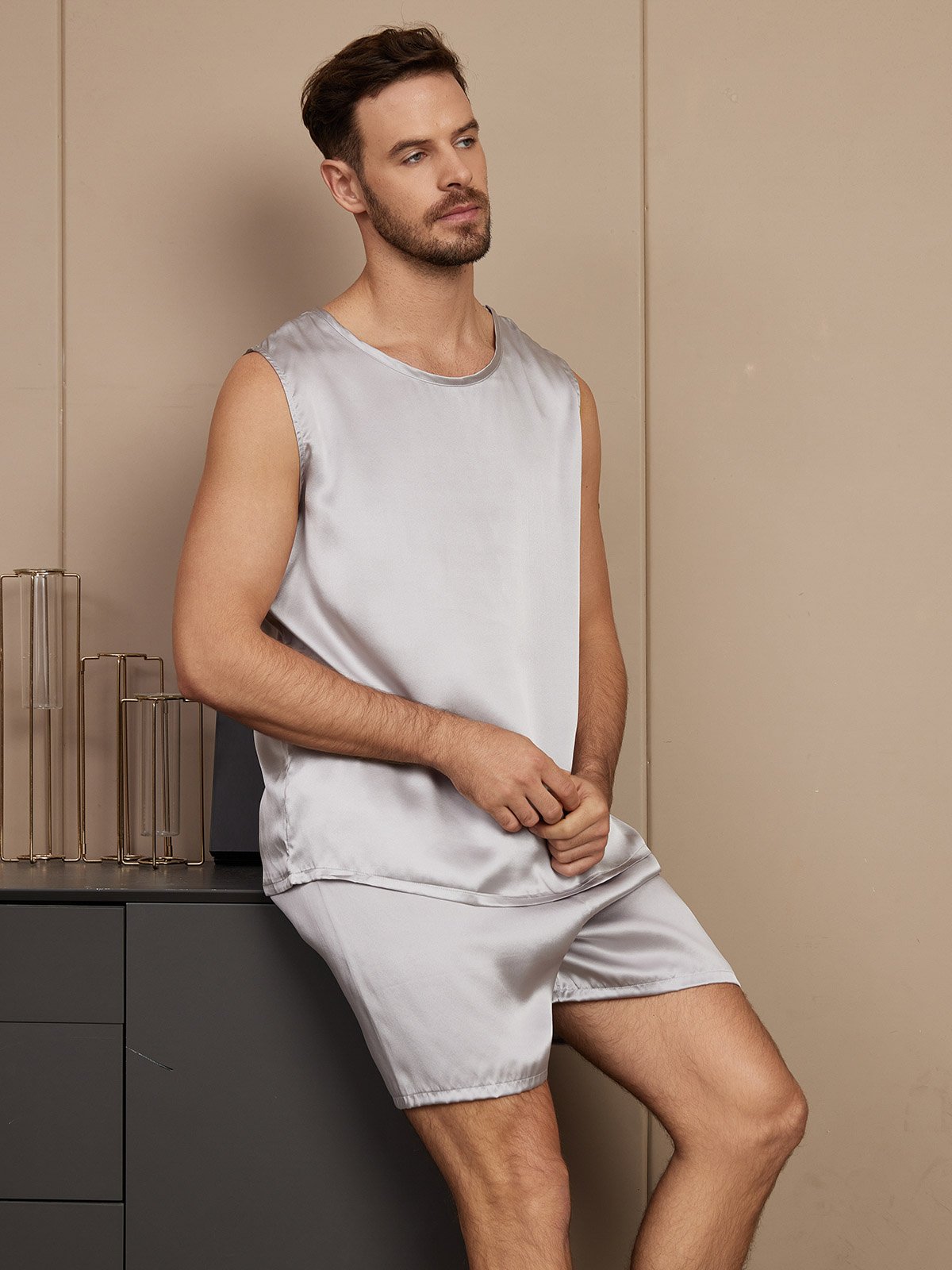 SilkSilky US Pure Silk Sleeveless Round Neck Men's Pajamas Silver 005